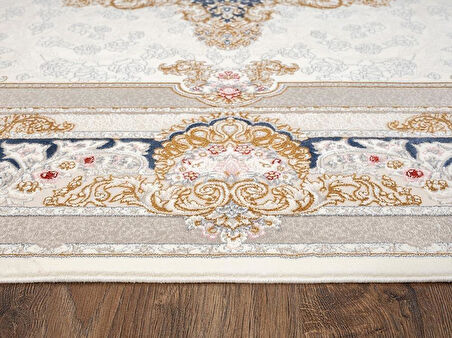 ÇAM Halı FLORA FR003A Beyaz Lacivert Koridor Halısı Mutfak Halısı Salon Halısı