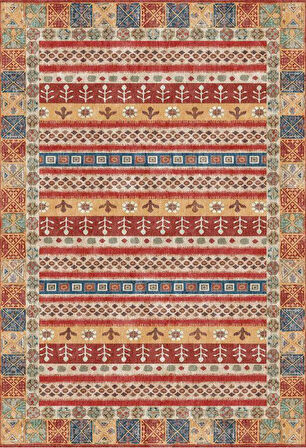 Çam Halı Siesta Etnik 32-564 Etnik Eskitme Desenli Dokuma Tabanlı Yıkanabilir Şönil Salon ve Oda Halısı