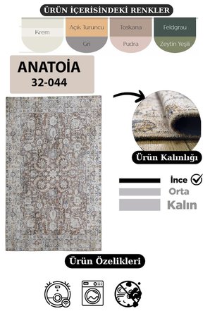 Çam Halı Anatolia 32-044 Etnik Eskitme Desenli Dokuma Tabanlı Yıkanabilir Şönil Salon ve Oda Halısı