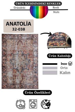 Çam Halı Anatolia 32-038 Etnik Eskitme Desenli Dokuma Tabanlı Yıkanabilir Şönil Salon ve Oda Halısı