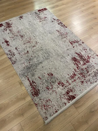 Sanat Halı Doku 1082 Gri Kırmızı Eskitme Desenli Makine Halısı