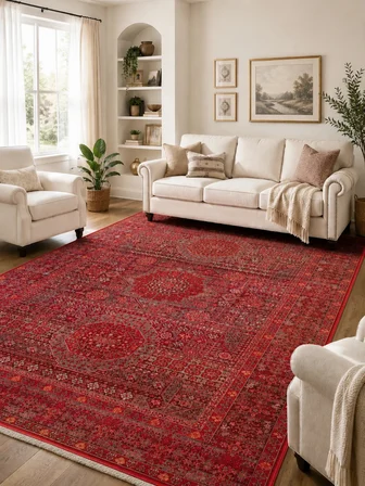 Eko Halı PİETRA PTA 20 RED Sıcak Renk Tonlarını Etnik Desenlerle Buluşturan Yumuşak Tuşeli Salon Halısı Oturma Odası Halısı Mutfak Halısı Modern Makine Halısı