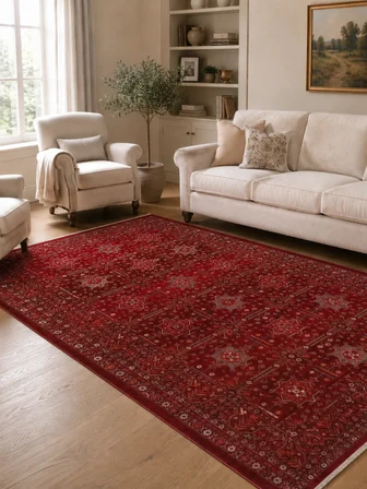 Eko Halı PİETRA PTA 21 RED Sıcak Renk Tonlarını Etnik Desenlerle Buluşturan Yumuşak Tuşeli Salon Halısı Oturma Odası Halısı Mutfak Halısı Modern Makine Halısı
