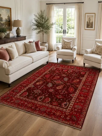 Eko Halı PİETRA PTA 24 RED Sıcak Renk Tonlarını Etnik Desenlerle Buluşturan Yumuşak Tuşeli Salon Halısı Oturma Odası Halısı Mutfak Halısı Modern Makine Halısı