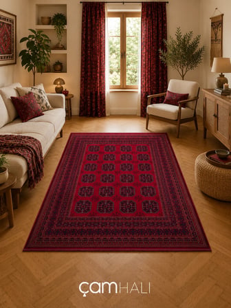 Eko Halı HERAT HER 02 RED Afgan Desenli Viskon Sıkı Dokuma Kaymaz Tabanlı İnce Makine Halısı