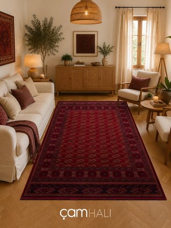 Eko Halı HERAT HER 03 RED Afgan Desenli Viskon Sıkı Dokuma Kaymaz Tabanlı İnce Makine Halısı