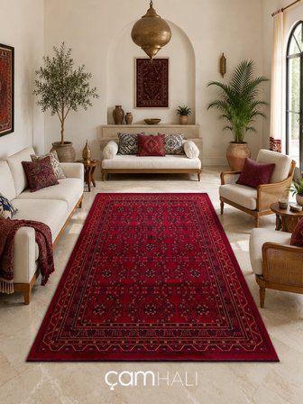 Eko Halı HERAT HER 04 RED Afgan Desenli Viskon Sıkı Dokuma Kaymaz Tabanlı İnce Makine Halısı