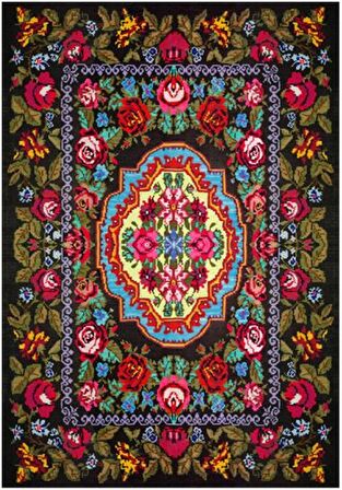 Çam Halı Gloria TD726 Siyah Karabağ Desen Dokuma Saçaklı Kilim