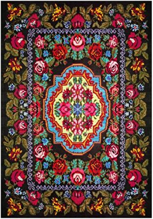 Çam Halı Gloria TD726 Siyah Karabağ Desen Dokuma Saçaklı Kilim