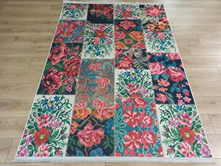 Çam Halı Gloria TD76602 Multi Karabağ Patchwork Desen Dokuma Saçaklı Kilim