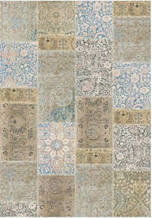 Çam Halı Gloria TD768 Bej Mavi Patchwork Desen Dokuma Saçaklı Kilim