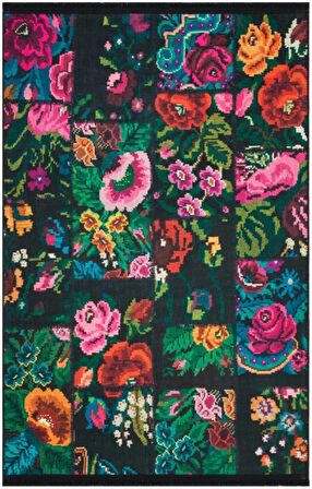 Çam Halı Gloria TD3251 Siyah Karabağ Patchwork Desen Dokuma Saçaklı Kilim
