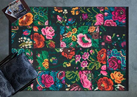 Çam Halı Gloria TD3251 Siyah Karabağ Patchwork Desen Dokuma Saçaklı Kilim