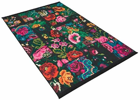 Çam Halı Gloria TD3251 Siyah Karabağ Patchwork Desen Dokuma Saçaklı Kilim