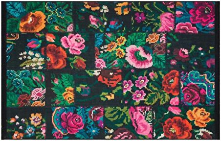Çam Halı Gloria TD3251 Siyah Karabağ Patchwork Desen Dokuma Saçaklı Kilim