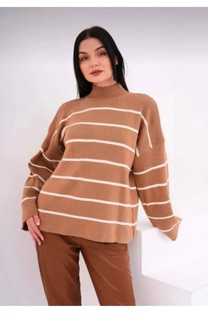 Kadın Beyaz Oversize Çizgili Yarım Balıkçı Yaka Triko Kazak, Çizgili Kazak