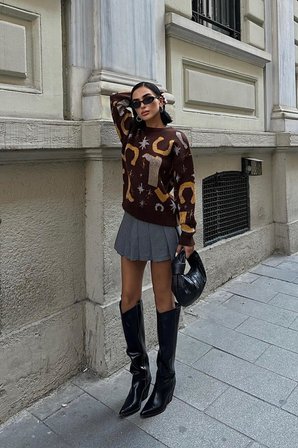 Fermuar Detay Yakası Dik Çizgili Fermuarlı Triko Kazak  Baklava Desenli