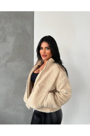 Kadın Premium Tasarım Fermuarlı Peluş Mont, Yumuşak Kumaş Astarlı Kaban