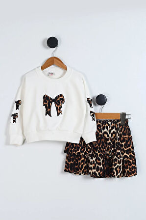 Beyaz  Leopar Etekli Fiyonk Nakışlı Kız Çocuk 2'li Takım (3-7 Yaş)