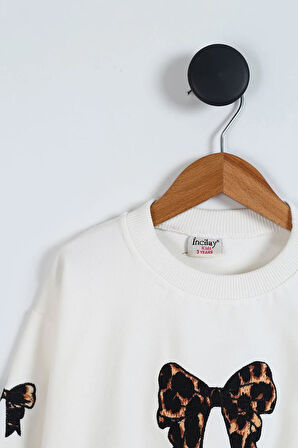 Beyaz  Leopar Etekli Fiyonk Nakışlı Kız Çocuk 2'li Takım (3-7 Yaş)