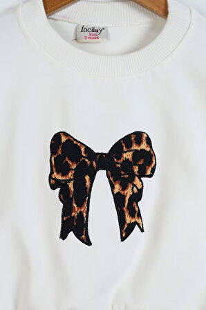 Beyaz  Leopar Etekli Fiyonk Nakışlı Kız Çocuk 2'li Takım (3-7 Yaş)