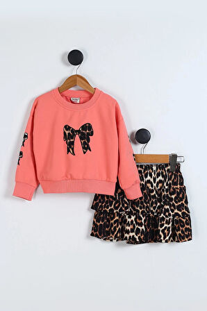 Beyaz  Leopar Etekli Fiyonk Nakışlı Kız Çocuk 2'li Takım (3-7 Yaş)