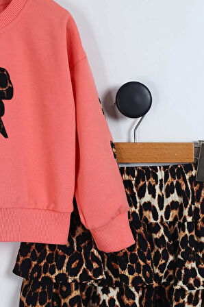 Beyaz  Leopar Etekli Fiyonk Nakışlı Kız Çocuk 2'li Takım (3-7 Yaş)