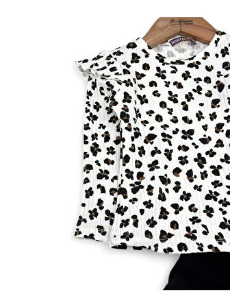 Omuz Fırfırlı Fitilli  İspanyol Paça Leopar Kız İkili Takım