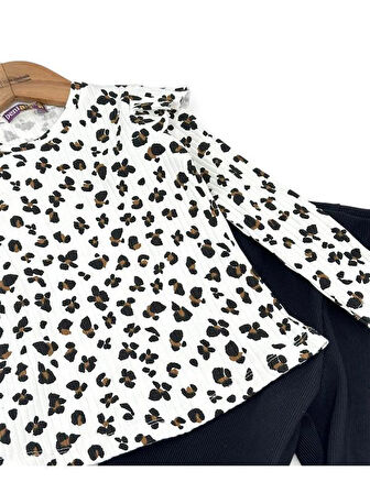 Omuz Fırfırlı Fitilli  İspanyol Paça Leopar Kız İkili Takım