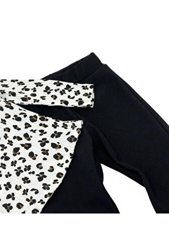 Omuz Fırfırlı Fitilli  İspanyol Paça Leopar Kız İkili Takım