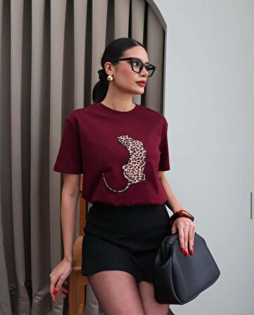 Leopar Hayvan Baskılı Oversıze Kadın T-SHIRT 