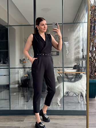 Kruvaze Yaka Kemerli Kadın Tulum