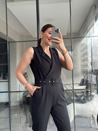 Kruvaze Yaka Kemerli Kadın Tulum