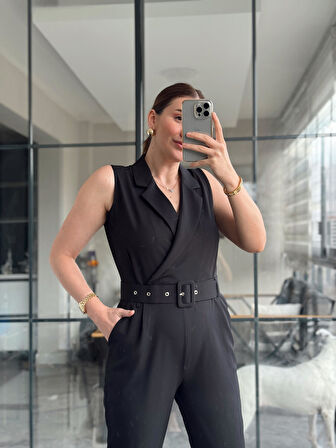 Kruvaze Yaka Kemerli Kadın Tulum