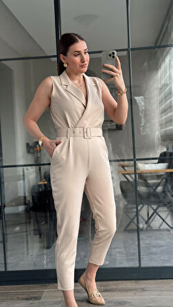 Kruvaze Yaka Kemerli Kadın Tulum