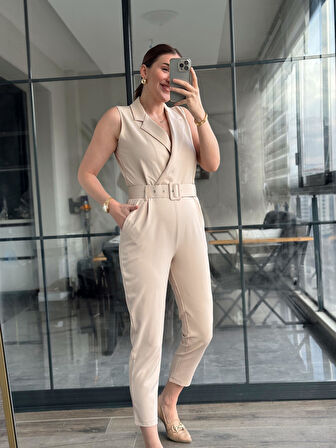 Kruvaze Yaka Kemerli Kadın Tulum