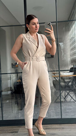 Kruvaze Yaka Kemerli Kadın Tulum