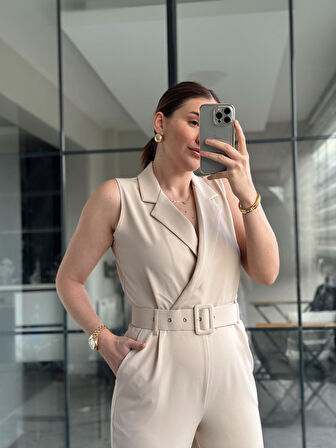 Kruvaze Yaka Kemerli Kadın Tulum