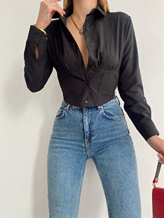 Kadın Beli Lastikli Korse Crop Gömlek