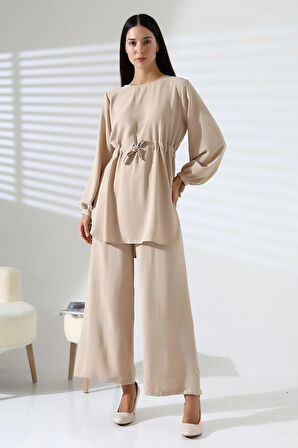 Kadın Tesettür Ayrobin Kuşaklı Tunik Pantolon İkili Takım