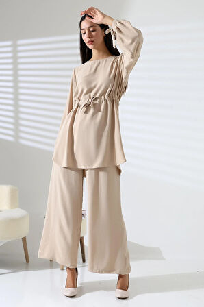 Kadın Tesettür Ayrobin Kuşaklı Tunik Pantolon İkili Takım