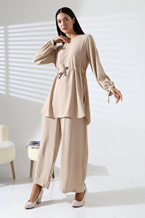 Kadın Tesettür Ayrobin Kuşaklı Tunik Pantolon İkili Takım