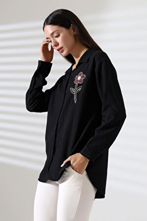  Uzun Kollu Durres Dokulu Çiçek Detaylı Serin Kumaş Kadın Gömlek