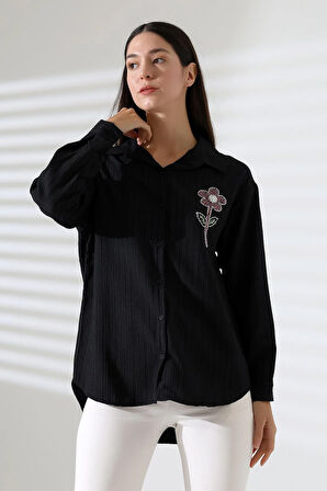  Uzun Kollu Durres Dokulu Çiçek Detaylı Serin Kumaş Kadın Gömlek