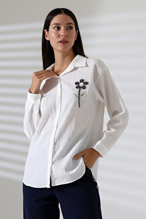  Uzun Kollu Durres Dokulu Çiçek Detaylı Serin Kumaş Kadın Gömlek
