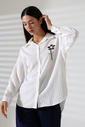  Uzun Kollu Durres Dokulu Çiçek Detaylı Serin Kumaş Kadın Gömlek