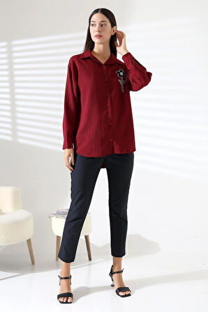  Uzun Kollu Durres Dokulu Çiçek Detaylı Serin Kumaş Kadın Gömlek