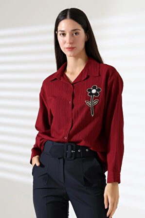  Uzun Kollu Durres Dokulu Çiçek Detaylı Serin Kumaş Kadın Gömlek