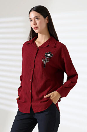  Uzun Kollu Durres Dokulu Çiçek Detaylı Serin Kumaş Kadın Gömlek