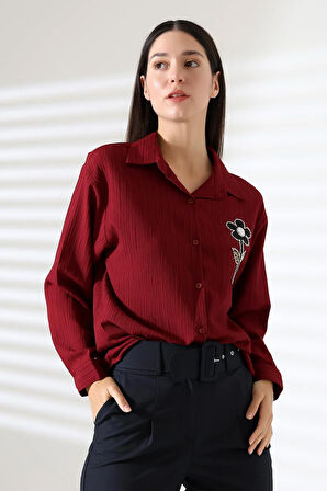  Uzun Kollu Durres Dokulu Çiçek Detaylı Serin Kumaş Kadın Gömlek